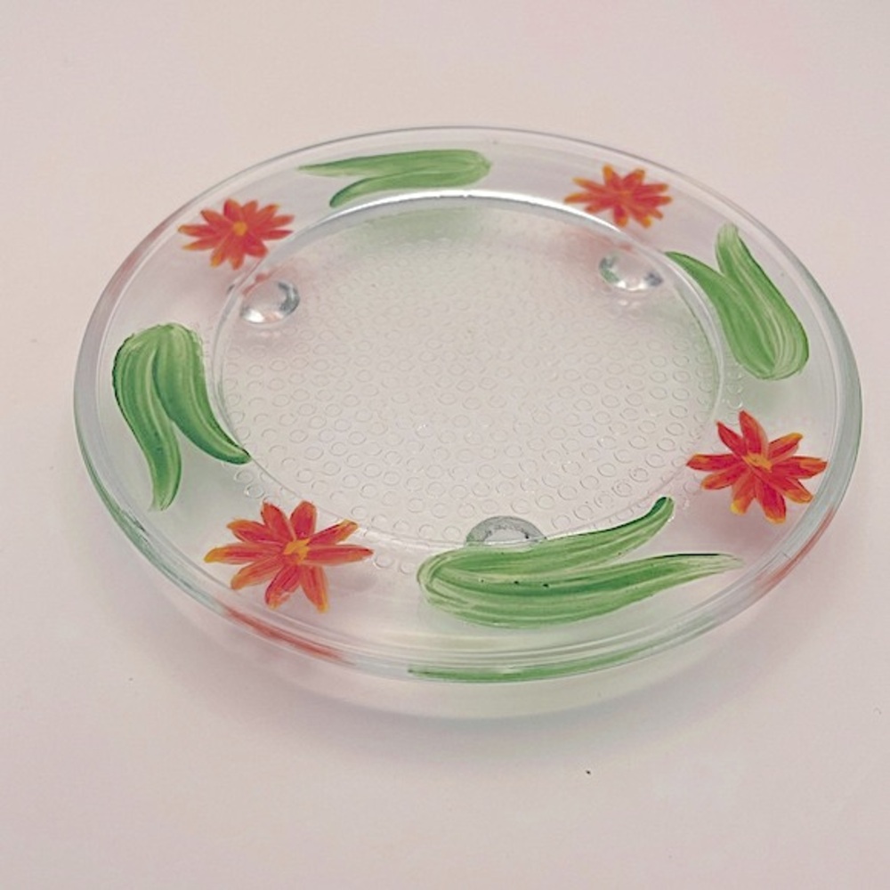 Hand Painted, Clear Glass, Plant Stand, Candle Stand with 3 little feet! Cute!